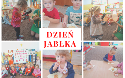 dzień jabłka - kolaż zdjęć z dziećmi z przedszkola nr 3 w Lubaczowie
