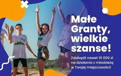 Na zdjęciu widoczna jest młodzież skacząca do góry. Na grafice umieszczono tekst zachęcający do udziału w projekcie.