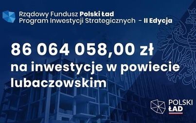 Grafika zawiera kwotę dofinansowania, jakie otrzymał powiat lubaczowski w ramach Rządowego Funduszu Polski Ład.