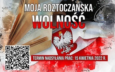 Plakat zapraszający do udziału w konkursie. W tle widać aparat fotograficzny, flagę Polski i książkę.